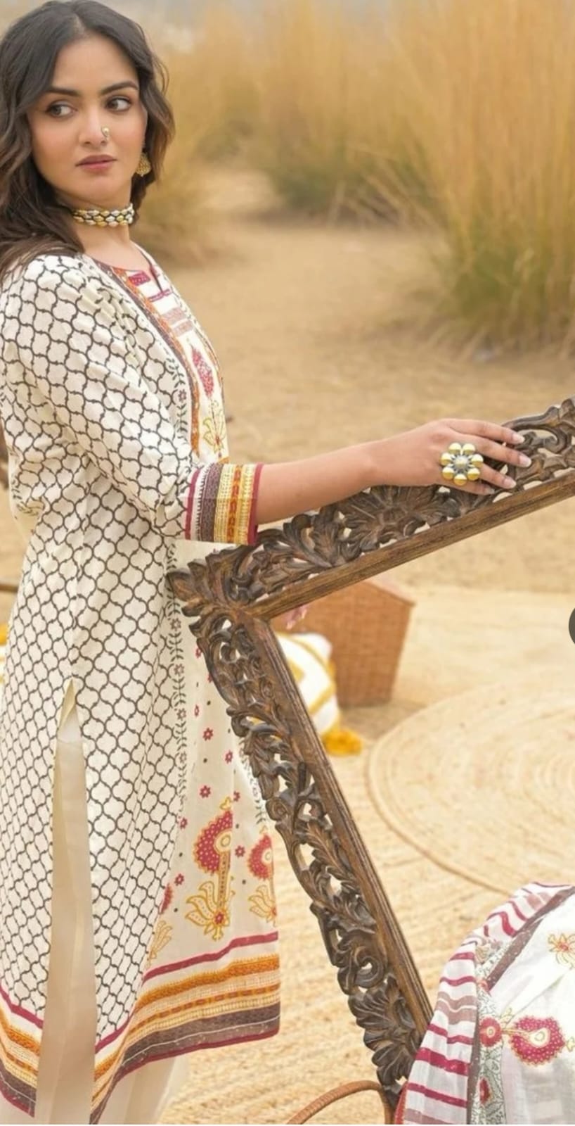 Printed Off-white & Brown Cotton Kurta Set