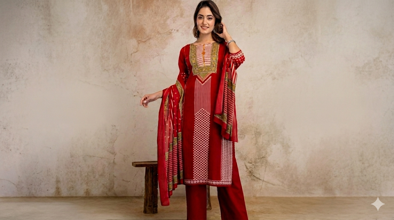 Red Printed Women Kurta Set