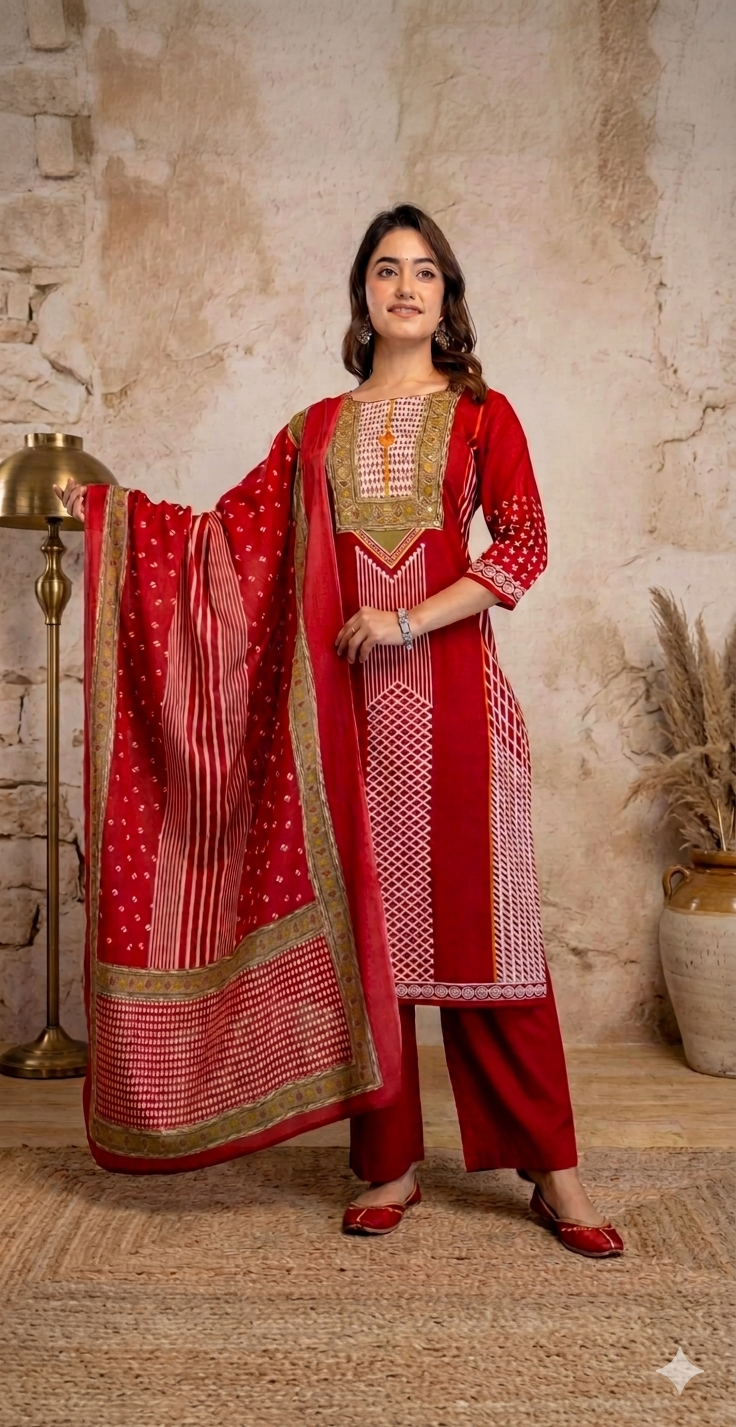 Red Printed Women Kurta Set